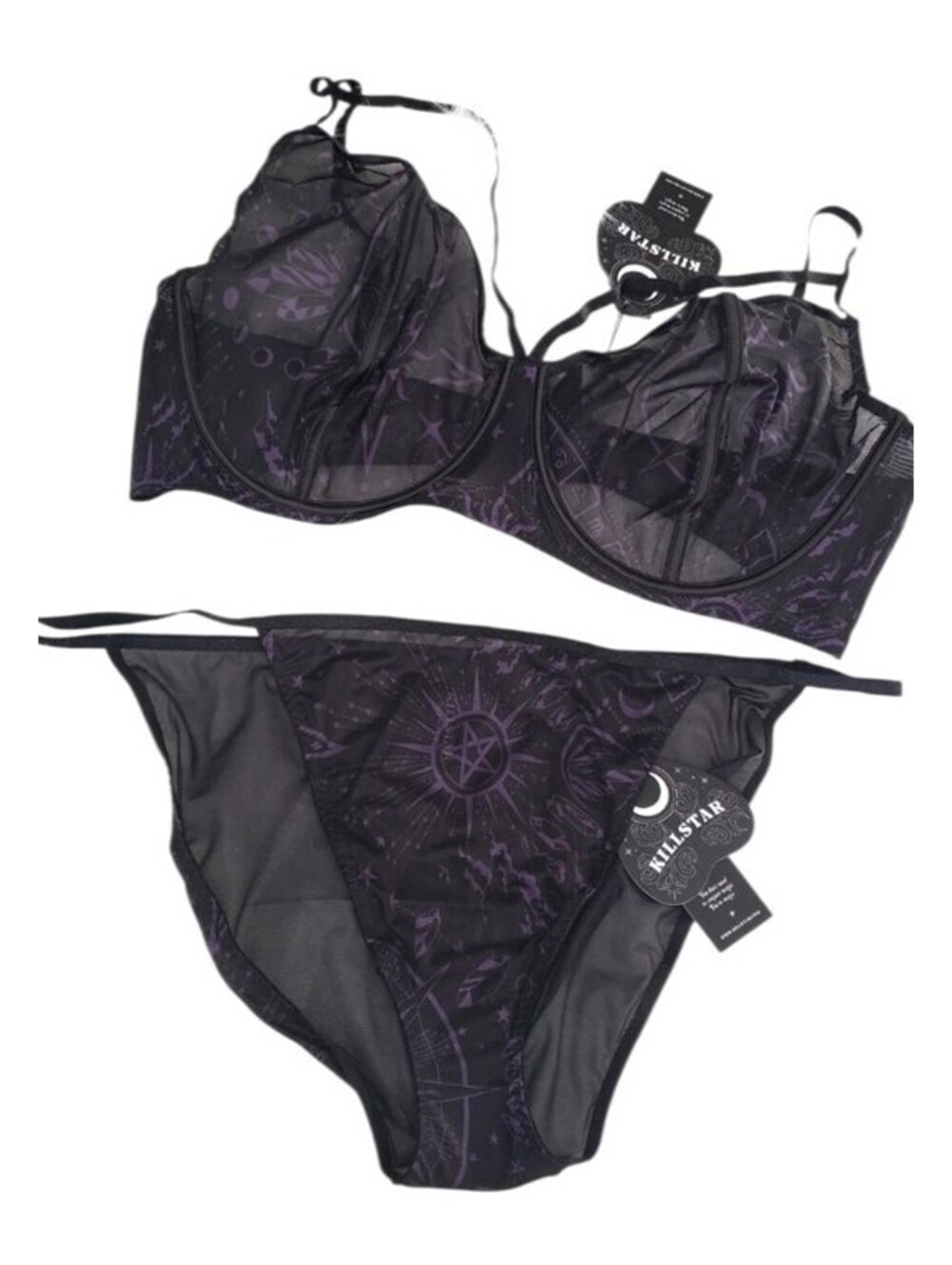 Killstar Garnetta Strappy Bra & Panty Set Lunar Goddess Celestial Purple Black